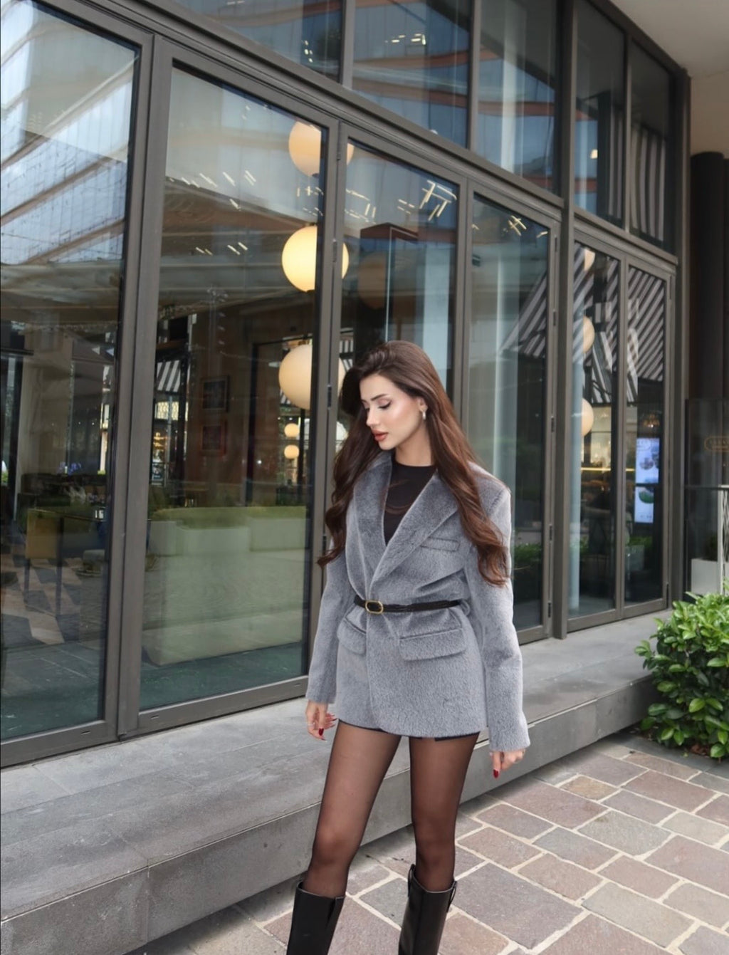 Kemerli Peluş Ceket Antrasit